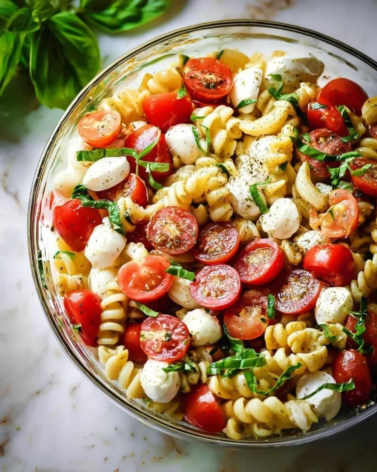 Colorful Caprese Pasta Salad on a White Plate