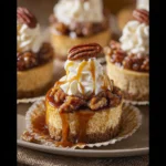 Mini Pecan Pie Cheesecakes with Boozy Maple Whipped Cream