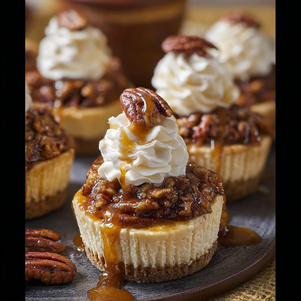 Mini Pecan Pie Cheesecakes with Boozy Maple Whipped Cream